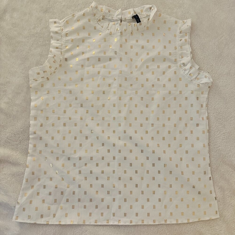 Luna Rae - Ivory & Metallic Gold Ruffle Sleeveless Blouse (NWOT), Size L